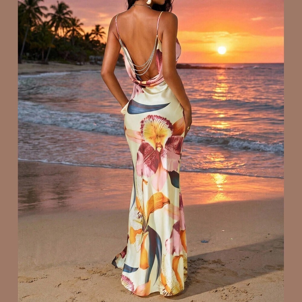 Cream Floral Print Satin Cowl Neck Maxi Dress - Picture 7 of 7